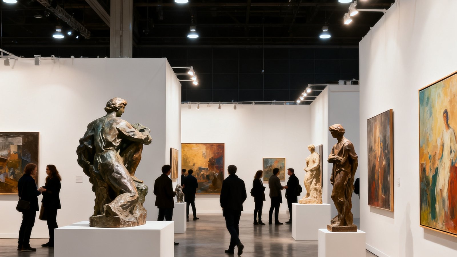 一座宽敞明亮的国际艺术博览会大厅内，数件大型雕塑和油画作品精心陈列在白色展台上，柔和的射灯照亮每件艺术品，观众在作品间低声交流。